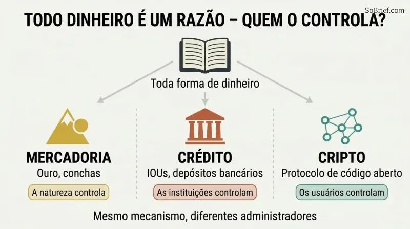 Three columns branching from a central ledger concept show commodity money controlled by nature, credit money controlled by institutions, and cryptocurrency controlled by users and code.