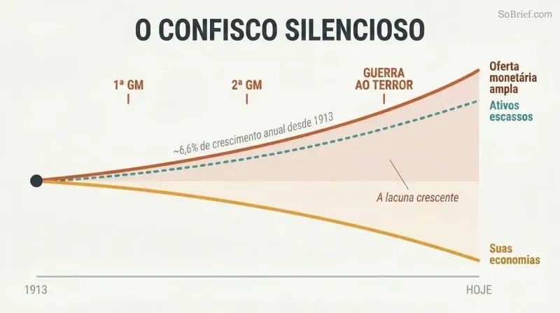 Diverging line chart showing broad money supply rising and savings purchasing power falling over time, with war and bailout events as catalysts along the timeline.