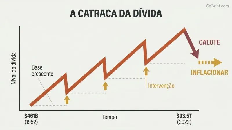 Rising sawtooth debt line ratcheting upward over seven decades, with each dip rescued by intervention, culminating in a fork between default and inflation.