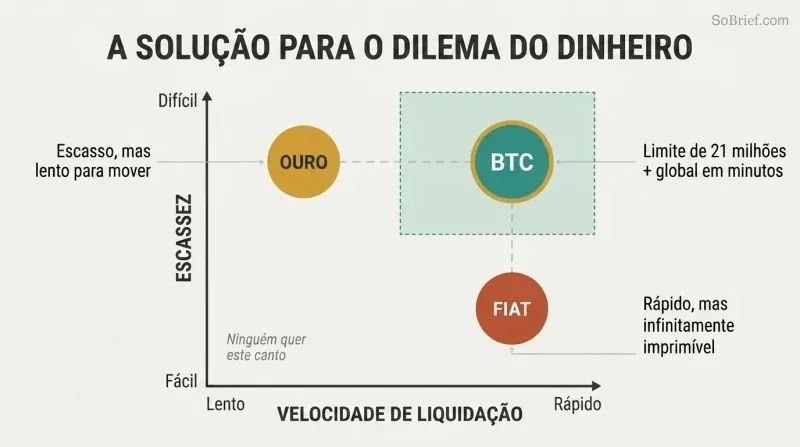 Two-axis chart plotting gold, digital fiat, and Bitcoin by scarcity and settlement speed, showing Bitcoin uniquely occupying the high-scarcity, high-speed position.