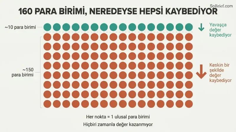 Proportional dot grid showing roughly 160 currency dots where a tiny cluster is teal for slow value loss and the vast majority are terracotta for sharp devaluation.