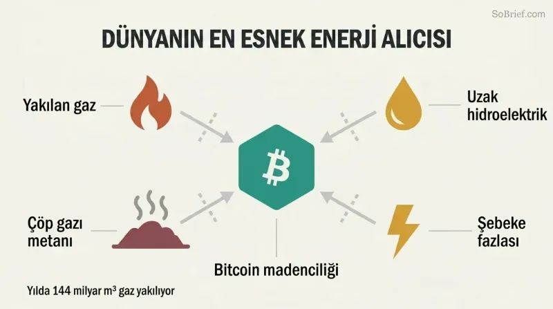 Hub-spoke diagram showing a central Bitcoin mining node absorbing energy from four surrounding stranded sources: flared gas, remote hydro, landfill methane, and grid surplus.