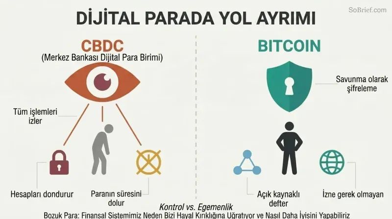 Split panel comparing CBDC surveillance with an eye monitoring transactions against Bitcoin privacy with an encrypted shield protecting a person silhouette.