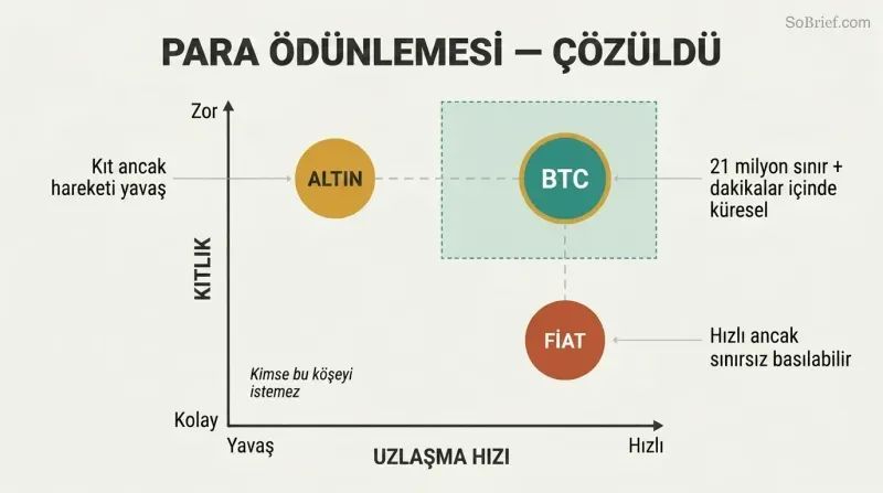 Two-axis chart plotting gold, digital fiat, and Bitcoin by scarcity and settlement speed, showing Bitcoin uniquely occupying the high-scarcity, high-speed position.