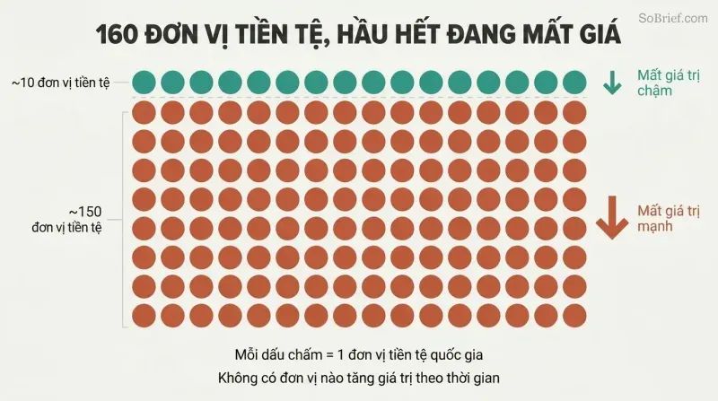 Proportional dot grid showing roughly 160 currency dots where a tiny cluster is teal for slow value loss and the vast majority are terracotta for sharp devaluation.