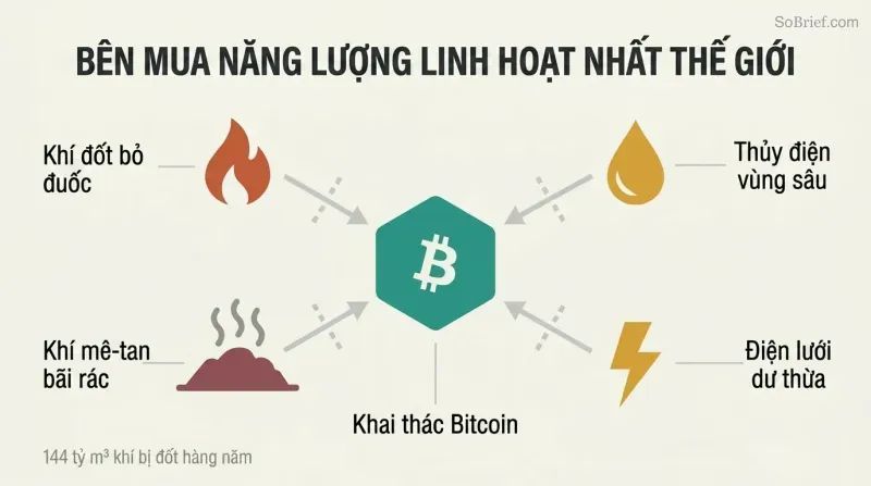 Hub-spoke diagram showing a central Bitcoin mining node absorbing energy from four surrounding stranded sources: flared gas, remote hydro, landfill methane, and grid surplus.