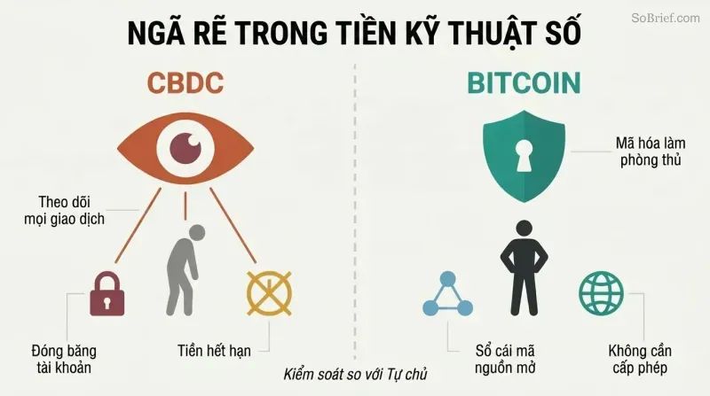 Split panel comparing CBDC surveillance with an eye monitoring transactions against Bitcoin privacy with an encrypted shield protecting a person silhouette.