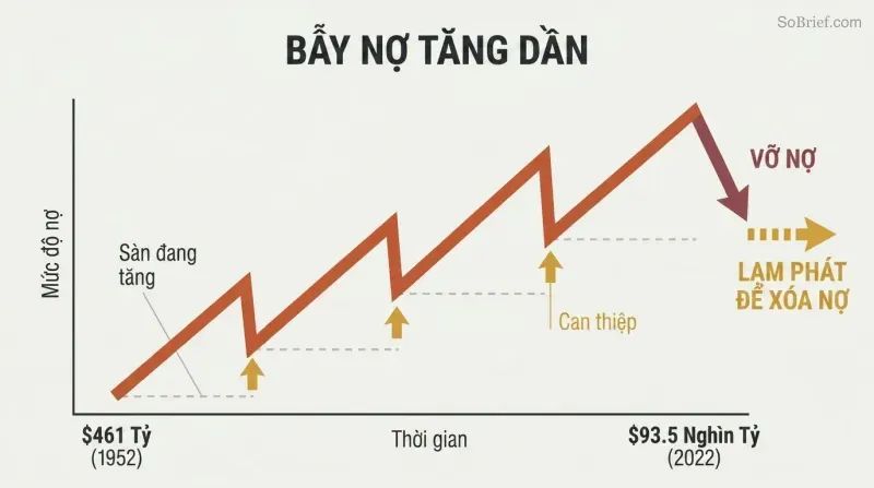 Rising sawtooth debt line ratcheting upward over seven decades, with each dip rescued by intervention, culminating in a fork between default and inflation.