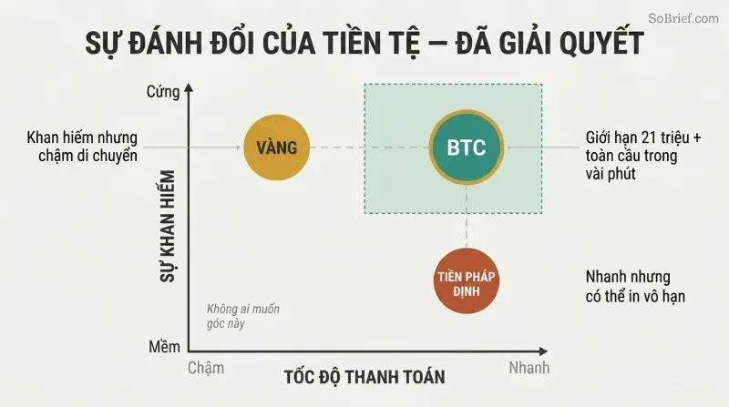 Two-axis chart plotting gold, digital fiat, and Bitcoin by scarcity and settlement speed, showing Bitcoin uniquely occupying the high-scarcity, high-speed position.