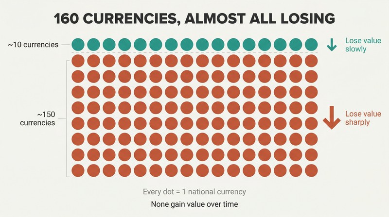 Proportional dot grid showing roughly 160 currency dots where a tiny cluster is teal for slow value loss and the vast majority are terracotta for sharp devaluation.