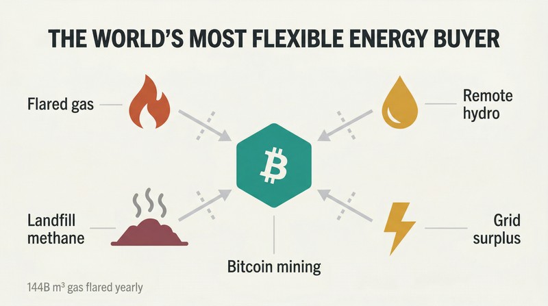 Hub-spoke diagram showing a central Bitcoin mining node absorbing energy from four surrounding stranded sources: flared gas, remote hydro, landfill methane, and grid surplus.
