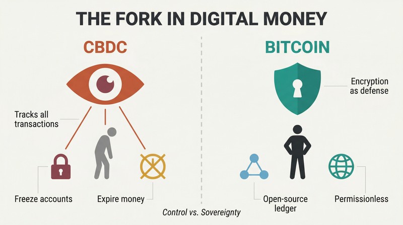 Split panel comparing CBDC surveillance with an eye monitoring transactions against Bitcoin privacy with an encrypted shield protecting a person silhouette.