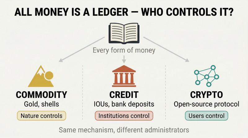Three columns branching from a central ledger concept show commodity money controlled by nature, credit money controlled by institutions, and cryptocurrency controlled by users and code.