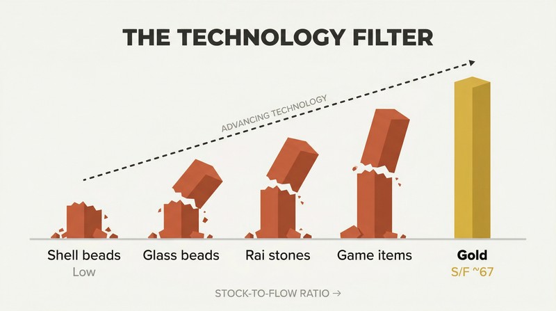 Five pillars of increasing height represent different monies' stock-to-flow ratios, with four broken by a rising technology threshold line and only gold standing intact.