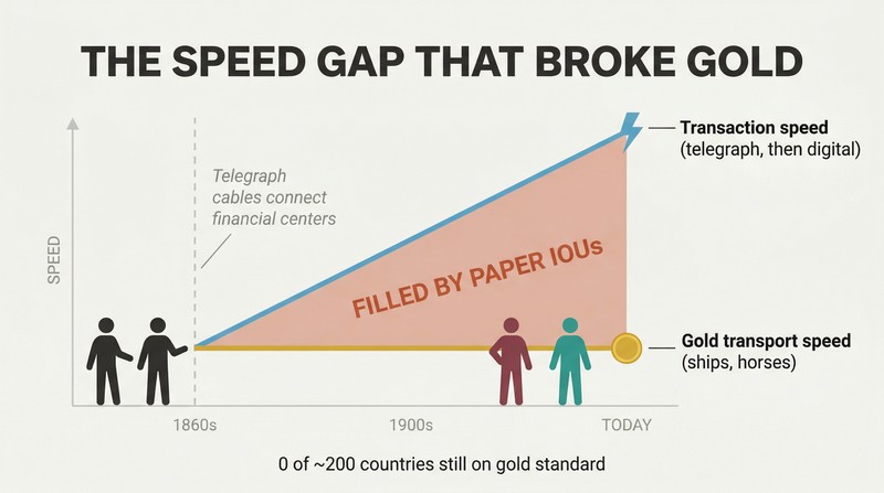 Two diverging lines from the 1860s show telegraph transaction speed rocketing upward while gold transport speed stays flat, with the widening gap labeled as filled by paper IOUs.