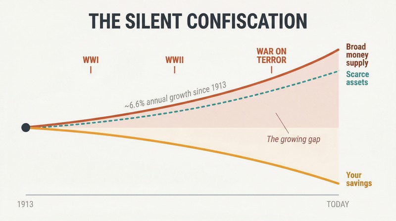 Diverging line chart showing broad money supply rising and savings purchasing power falling over time, with war and bailout events as catalysts along the timeline.