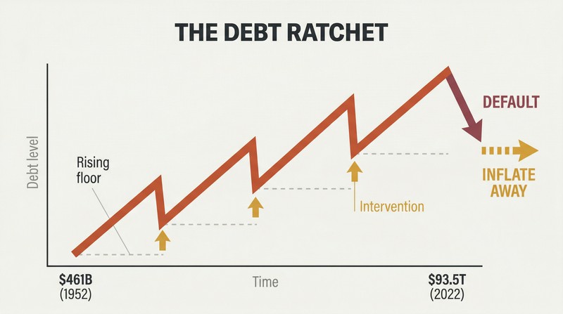 Rising sawtooth debt line ratcheting upward over seven decades, with each dip rescued by intervention, culminating in a fork between default and inflation.