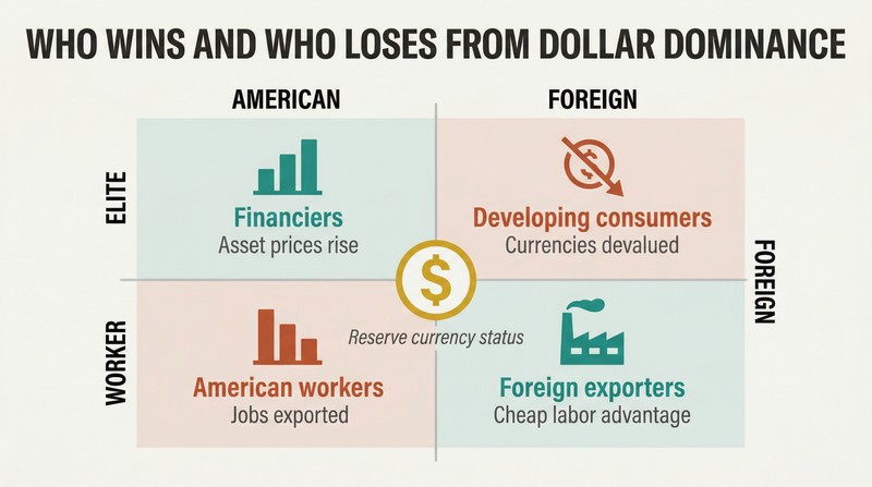 Two-by-two matrix crossing American versus Foreign with Elite versus Worker, showing financiers and exporters winning while workers and developing-country consumers lose from reserve currency status.