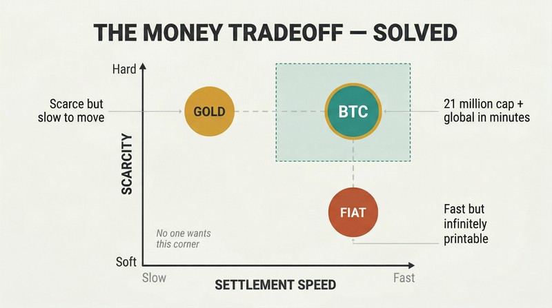 Two-axis chart plotting gold, digital fiat, and Bitcoin by scarcity and settlement speed, showing Bitcoin uniquely occupying the high-scarcity, high-speed position.