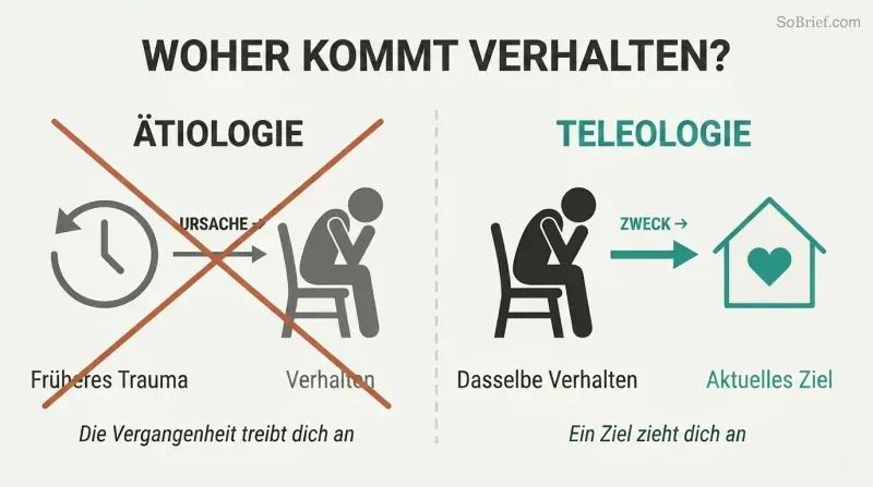 Split panel contrasting two models of behavior: etiology shows the past pushing behavior forward, while teleology shows a present goal pulling behavior toward it.