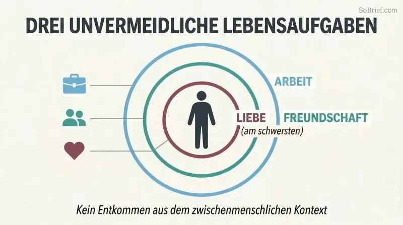 Single human silhouette enclosed within three concentric rings representing love, friendship, and work — showing all problems are inescapably interpersonal.