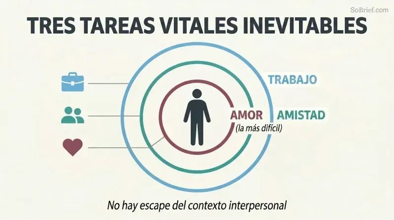 Single human silhouette enclosed within three concentric rings representing love, friendship, and work — showing all problems are inescapably interpersonal.