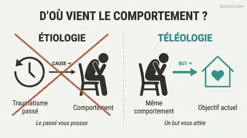 Split panel contrasting two models of behavior: etiology shows the past pushing behavior forward, while teleology shows a present goal pulling behavior toward it.