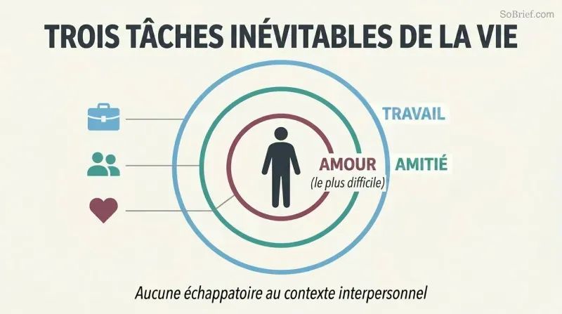 Single human silhouette enclosed within three concentric rings representing love, friendship, and work — showing all problems are inescapably interpersonal.