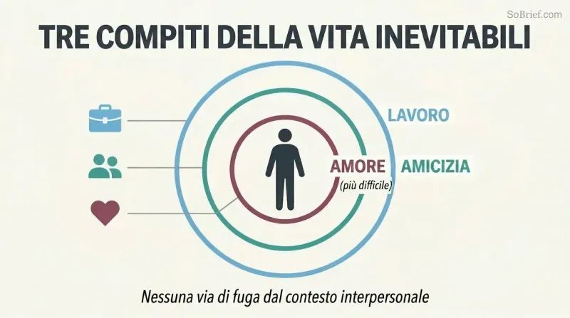 Single human silhouette enclosed within three concentric rings representing love, friendship, and work — showing all problems are inescapably interpersonal.
