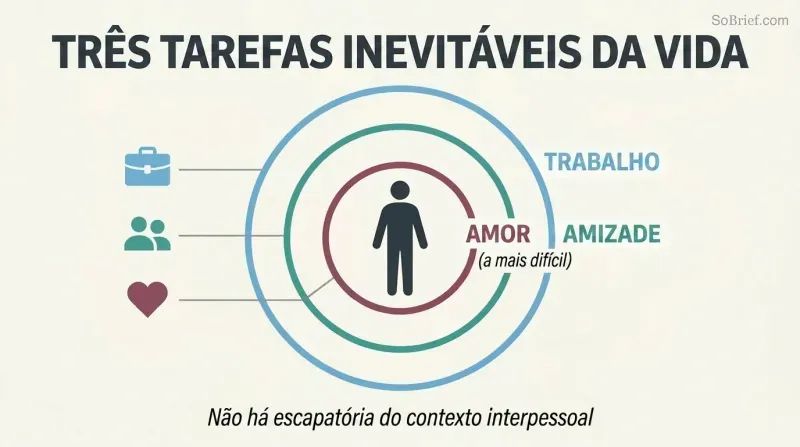 Single human silhouette enclosed within three concentric rings representing love, friendship, and work — showing all problems are inescapably interpersonal.