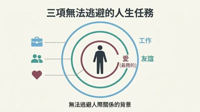 Single human silhouette enclosed within three concentric rings representing love, friendship, and work — showing all problems are inescapably interpersonal.