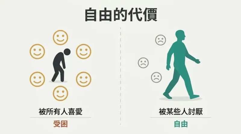 Split panel contrasting a hunched figure trapped inside a ring of smiling faces on the left with a tall figure walking freely past scattered frowning faces on the right.