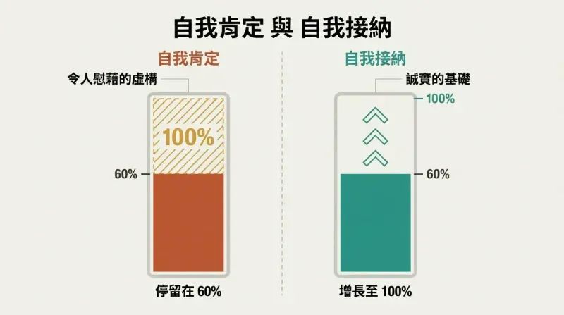 Split panel comparing two progress bars both at sixty percent — the left covers the gap with a fake overlay while the right shows upward growth arrows toward one hundred percent.