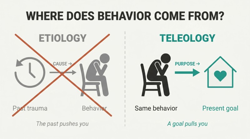 Split panel contrasting two models of behavior: etiology shows the past pushing behavior forward, while teleology shows a present goal pulling behavior toward it.