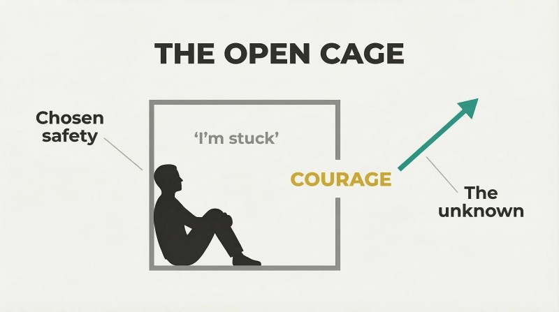 Seated figure inside a three-walled enclosure faces the back wall, ignoring the open right side where a teal path leads outward.