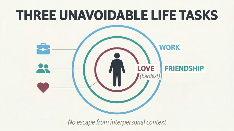 Single human silhouette enclosed within three concentric rings representing love, friendship, and work — showing all problems are inescapably interpersonal.