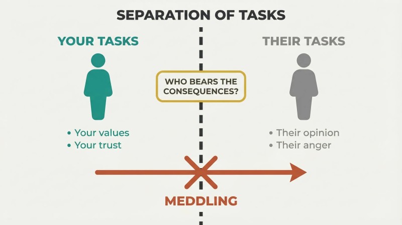 Split panel dividing personal tasks from others' tasks with a bold boundary line, sorting question badge, and crossed-out meddling arrow.