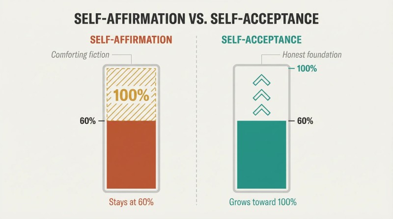 Split panel comparing two progress bars both at sixty percent — the left covers the gap with a fake overlay while the right shows upward growth arrows toward one hundred percent.