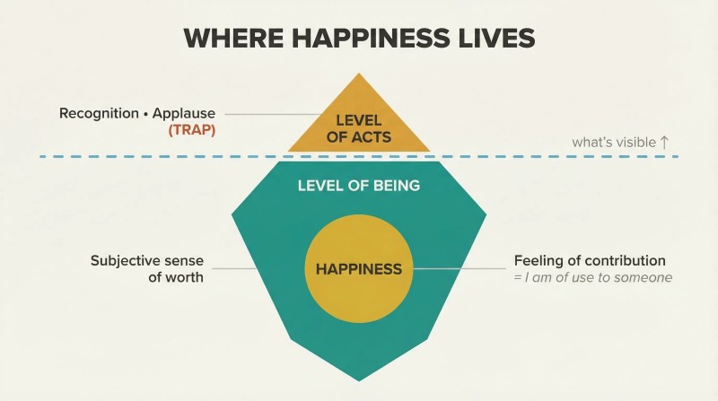 Iceberg with a small amber tip above a waterline labeled "Level of Acts" and a large teal mass below labeled "Level of Being," with a golden core at its center representing happiness as the feeling of contribution.