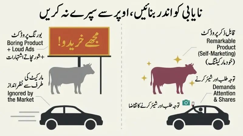 Split-panel diagram comparing a gray cow under a loud 'BUY ME!' billboard ignored by passing traffic to a remarkable plum-colored cow that causes a car to stop and take photos.