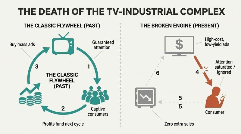Split diagram contrasting the self-reinforcing brand-building loop of the past with today's broken modern marketing system where consumer attention is severed.