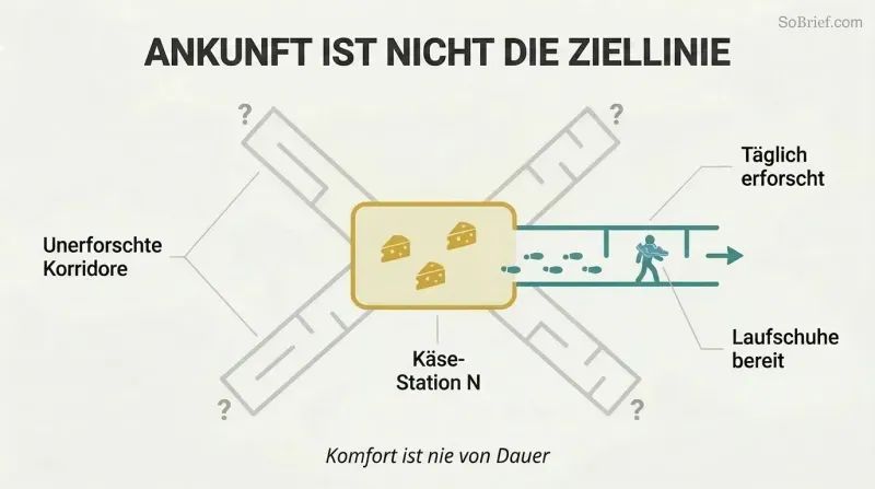 Hub-and-spoke diagram showing a figure venturing outward from an abundant home base into unexplored maze corridors, with running shoes ready around their neck.