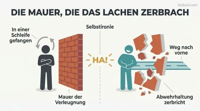 Split panel showing a rigid figure blocked by a solid wall of denial on the left, and the same figure laughing on the right as the wall cracks open to reveal a clear path forward.
