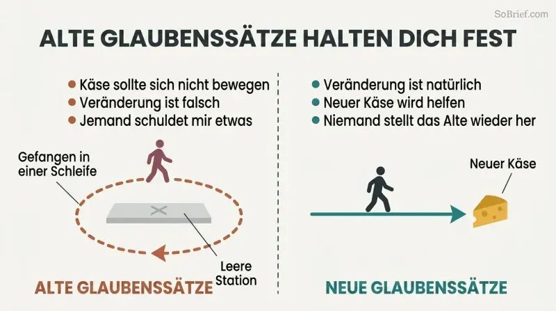 Split panel contrasting a figure trapped in a loop around an empty station on the left with a figure moving forward toward new cheese on the right.