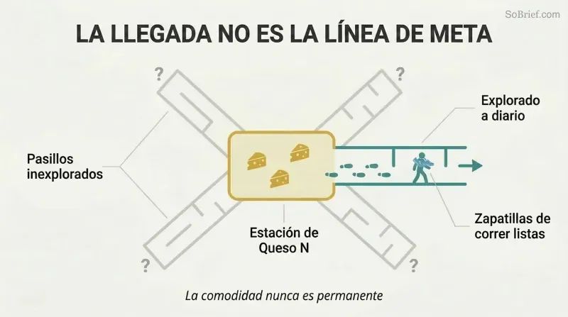 Hub-and-spoke diagram showing a figure venturing outward from an abundant home base into unexplored maze corridors, with running shoes ready around their neck.