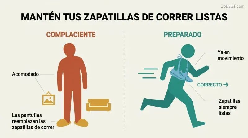 Split panel comparing a complacent figure in slippers surrounded by comfort items against a prepared figure with running shoes around its neck, already in motion.