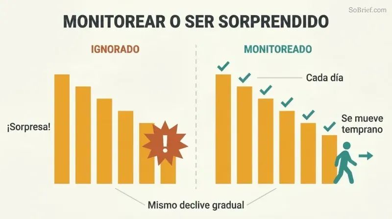 Split panel comparing identical declining bar charts — one ignored leading to shock, one regularly monitored leading to calm preparation.