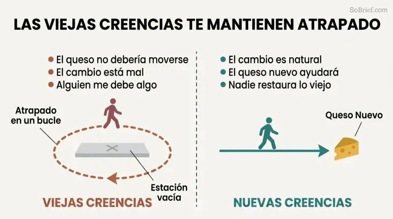 Split panel contrasting a figure trapped in a loop around an empty station on the left with a figure moving forward toward new cheese on the right.
