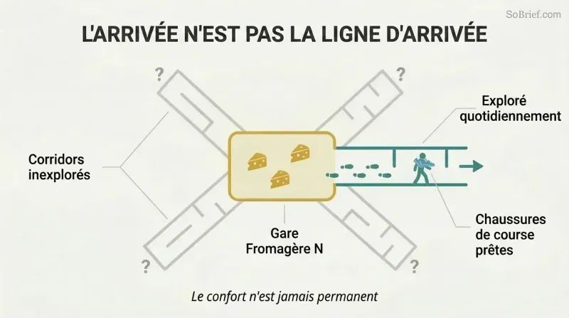 Hub-and-spoke diagram showing a figure venturing outward from an abundant home base into unexplored maze corridors, with running shoes ready around their neck.