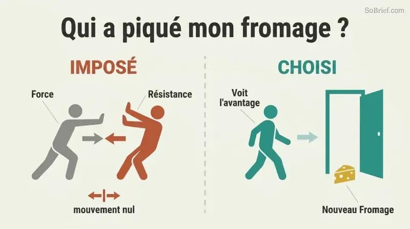 Split panel contrasting a figure futilely pushing a resistant person against a figure who walks freely through an open door toward new cheese.
